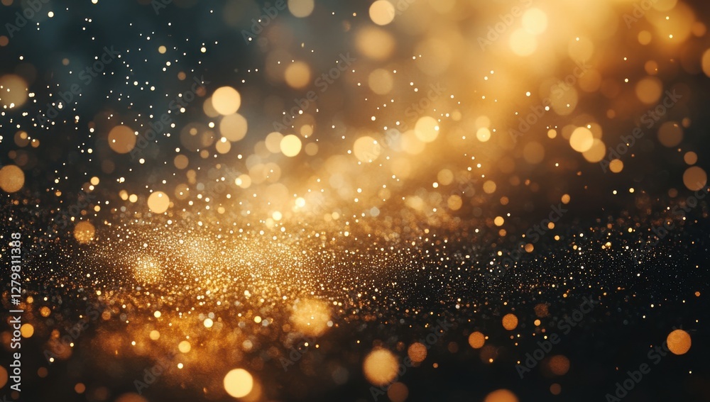 Fototapeta premium Glimmering Golden Particles and Bokeh Lights Creating a Magical Background Effect for Celebrations and Festive Occasions in Soft Focus