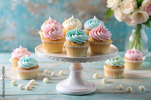 Delightful pastel cupcakes displayed on an elegant cake stand, surrounded by small, sweet treats.