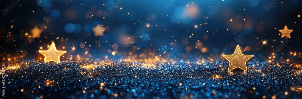Obraz premium Glimmering Stars on a Dark Blue Background with Sparkling Particles and Shimmering Glitter, Creating a Magical, Enchanting Atmosphere for Celebrations