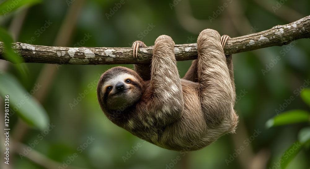 Fototapeta premium Adorable Three-Toed Sloth Hanging Upside Down on a Branch in Lush Green Rainforest