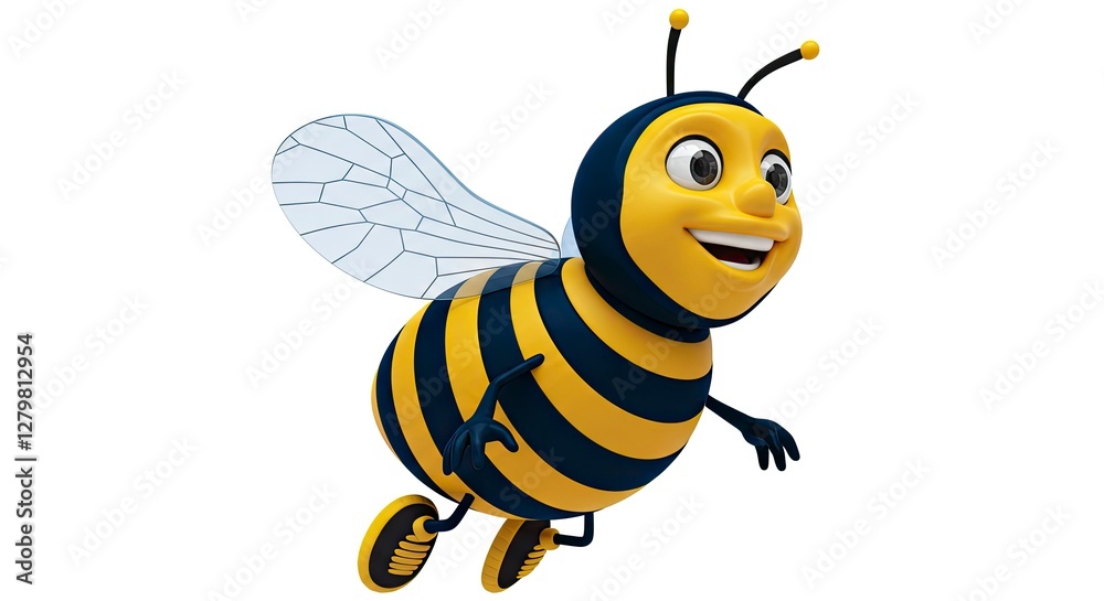 Cartoon Bee Flying with a Cheerful Smile and Striped Body Design Cartoon Bee Flying with a Cheerful Smile and Striped Body Design