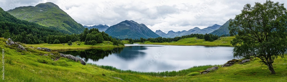 Fototapeta premium Serene Mountain Landscape with Lake and Lush Greenery Under Cloudy Sky in Remote Wilderness Area
