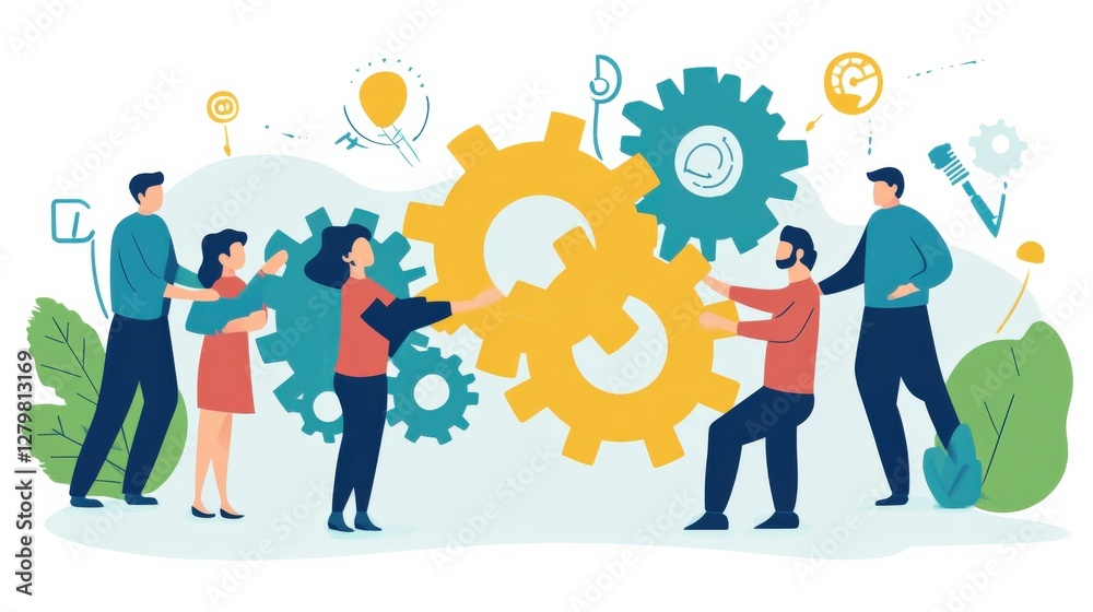 Team Collaboration in a Creative Workspace with Gears Symbolizing Innovation and Progress Team Collaboration in a Creative Workspace with Gears Symbolizing Innovation and Progress