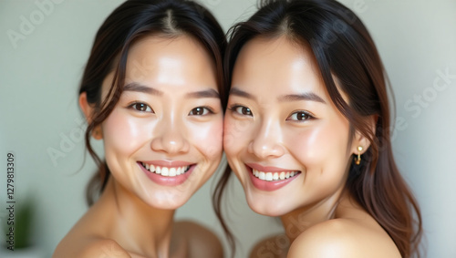Close-up of Two Women’s Faces: Natural Beauty, Radiant Skin, and Facial Symmetry