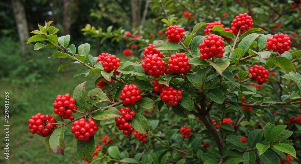 Honeysuckle Shrub with Bright Red Berries in Green Foliage Outdoors Honeysuckle Shrub with Bright Red Berries in Green Foliage Outdoors