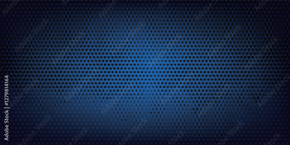 Dark blue abstract wide horizontal banner with hexagonal carbon fiber grid and glowing blue stripes