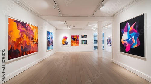 Modern Art Gallery Interior, Colorful Abstract Paintings, Empty Space, Exhibition, Potential Stock Photo photo