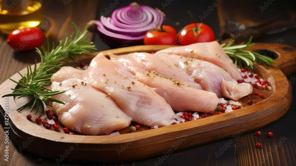 Fresh raw chicken meat on a wooden board with veg Fresh raw chicken meat on a wooden board with veg