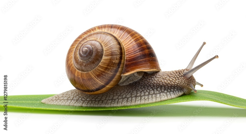 Snail Crawling on Green Leaf Isolated on White Background Snail Crawling on Green Leaf Isolated on White Background