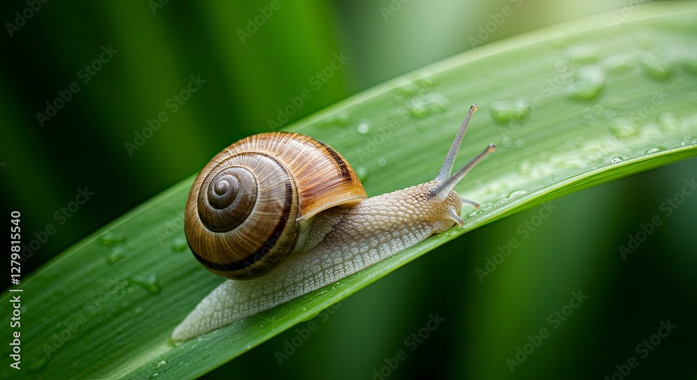 Snail Crawling on Green Leaf with Water Droplets Macro View Snail Crawling on Green Leaf with Water Droplets Macro View