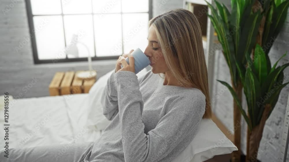 Woman relaxing on bed drinking coffee in cozy bedroom with soft pajamas and morning light streaming in through window next to green plant and wooden nightstand creating peaceful ambiance Woman relaxing on bed drinking coffee in cozy bedroom with soft pajamas and morning light streaming in through window next to green plant and wooden nightstand creating peaceful ambiance