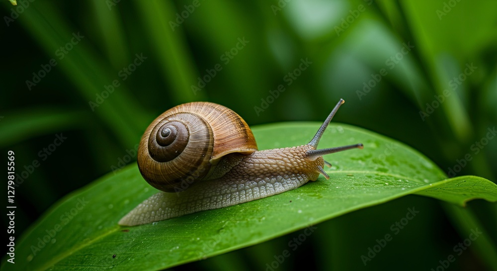 Snail Crawling on Green Leaf in Natural Garden Environment Snail Crawling on Green Leaf in Natural Garden Environment