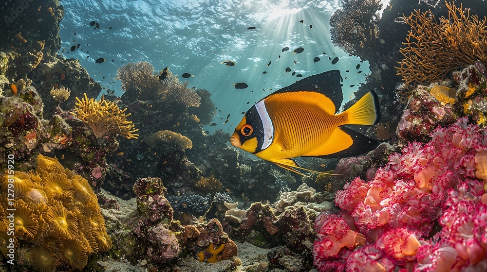 Naklejka premium Vibrant orange angelfish swims in a coral reef, sun rays shining through water.