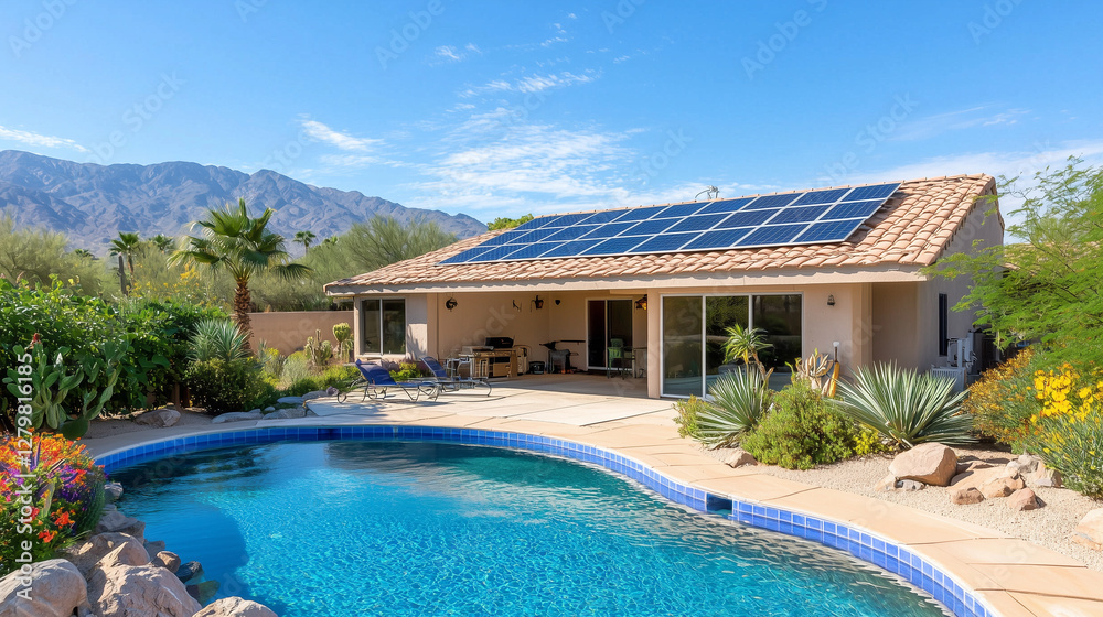 Fototapeta premium Modern Solar Panels Installed On A Arizona Home with beautiful pool Under Clear Blue Sunny Sky, Solar Photography, Solar Powered Clean Energy, Sustainable Resources, Electricity Source, renewable