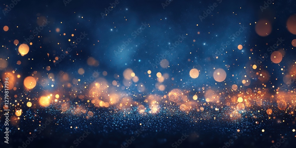 Obraz premium Sparkling Bokeh Lights Against a Dark Blue Background with Soft Glows, Creating a Dreamy and Magical Atmosphere for Creative Projects