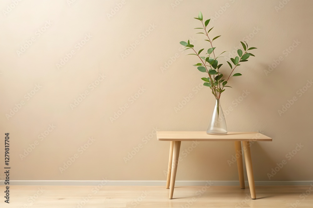 Fototapeta premium Simple Wooden Table with Greenery in a Clear Vase Against a Neutral Wall