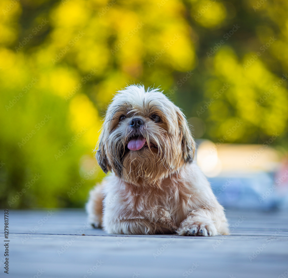 shih tzu dog walks on a bridge against the backdrop of mountains in summer shih tzu dog walks on a bridge against the backdrop of mountains in summer