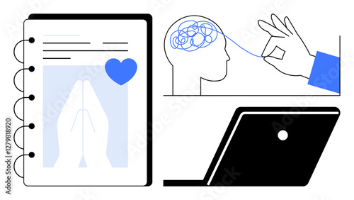 Notebook with prayer hands and heart icon, hand unraveling brain, and laptop. Ideal for mental health, mindfulness, digital well-being, simplicity, organization technology education. Abstract line