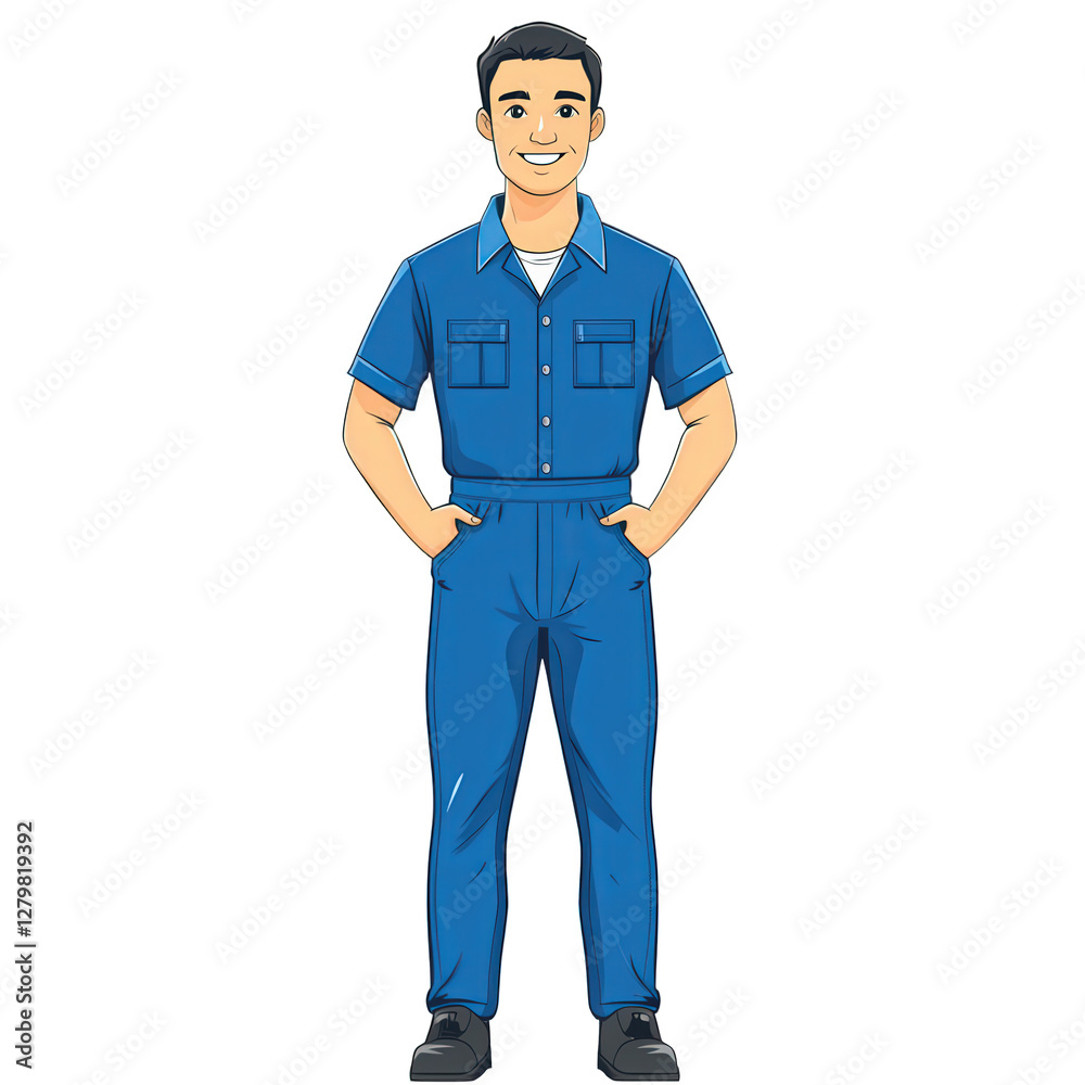 a clean and modern vector illustration of a friendly repairman in a blue jumpsuit, standing upright with an approachable smile, balanced and symmetrical design, transparent background, PNG a clean and modern vector illustration of a friendly repairman in a blue jumpsuit, standing upright with an approachable smile, balanced and symmetrical design, transparent background, PNG