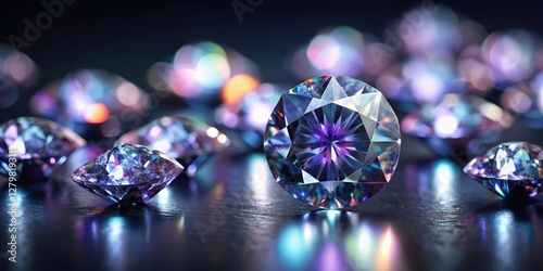 Radiant Gems A Collection of Sparkling, Iridescent Jewels Displayed on a Dark Reflective Surface