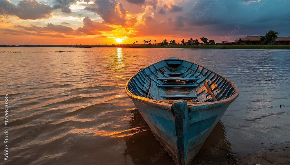 Fototapeta premium Lakeside Sunset Boat, Tranquil Scene