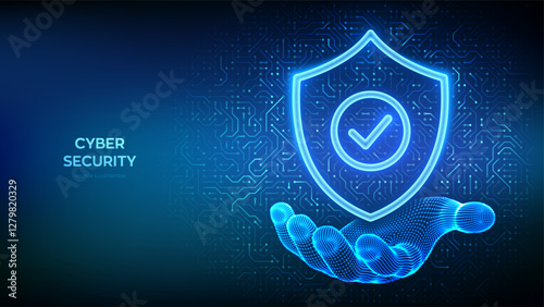 Security shield. Cyber security. Protection shield with Check mark icon in wireframe hand. Cyber data protection. Information privacy idea. Circuit board pattern. PCB printed circuit texture. Vector.