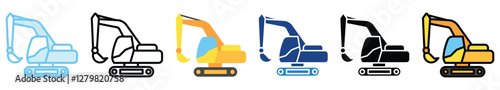Excavator multi style, mini illustration icon. outline, flat, glyph, line color, UI, UX, app and web, digital or print. related to heavy machinery, industry, road construction theme