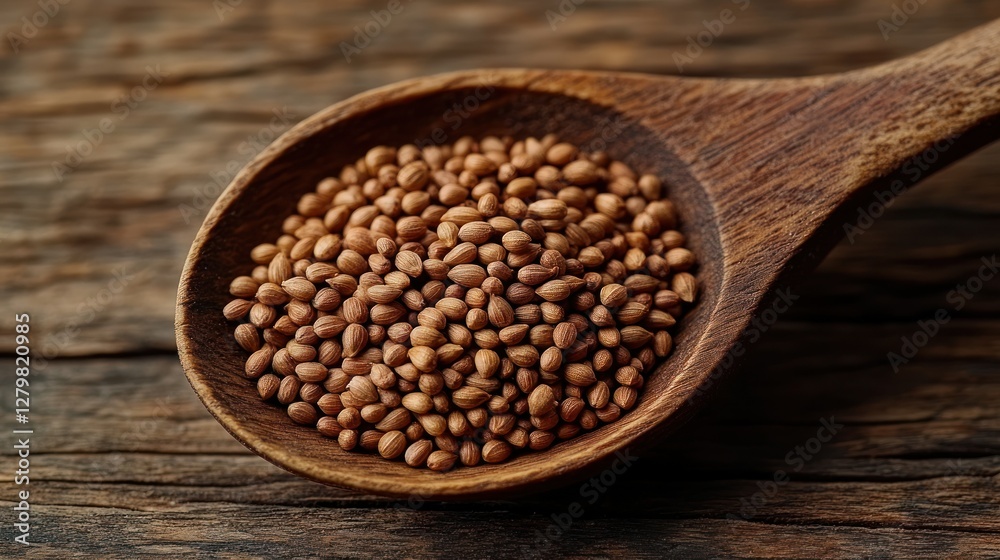 Wooden spoon of coriander seeds on rustic wood Wooden spoon of coriander seeds on rustic wood