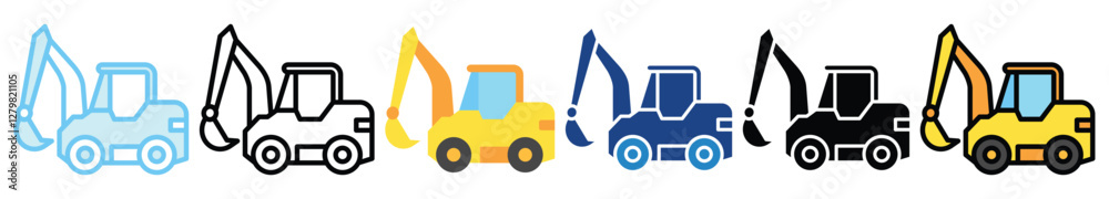 Naklejka premium Hydraulic Shovel multi style, mini illustration icon. outline, flat, glyph, line color, UI, UX, app and web, digital or print. related to heavy machinery, industry, road construction theme