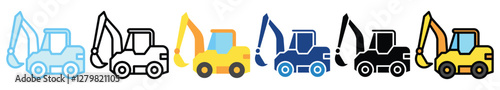 Hydraulic Shovel multi style, mini illustration icon. outline, flat, glyph, line color, UI, UX, app and web, digital or print. related to heavy machinery, industry, road construction theme