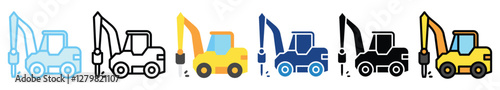 Hydraulic Hammer multi style, mini illustration icon. outline, flat, glyph, line color, UI, UX, app and web, digital or print. related to heavy machinery, industry, road construction theme