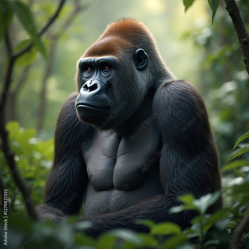 Obraz premium Ein majestätischer Gorilla sitzt im Dschungel und beobachtet aufmerksam seine Umgebung, sein Gesichtsausdruck ist voller Weisheit und Stärke. 
