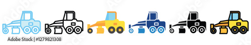 Motor Grader multi style, mini illustration icon. outline, flat, glyph, line color, UI, UX, app and web, digital or print. related to heavy machinery, industry, road construction theme