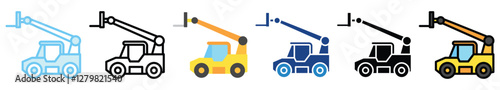 Telescopic Forklift multi style, mini illustration icon. outline, flat, glyph, line color, UI, UX, app and web, digital or print. related to heavy machinery, industry, road construction theme