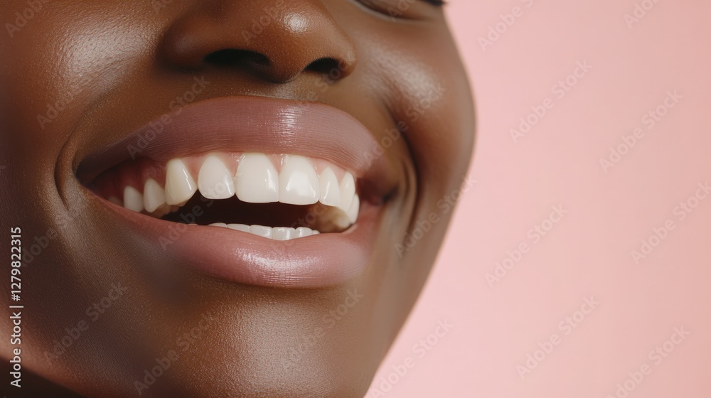 Obraz premium Close up of a smiling woman revealing perfect white teeth and glossy pink lips, emphasizing beauty, cosmetics, and the importance of dental care for a radiant appearance