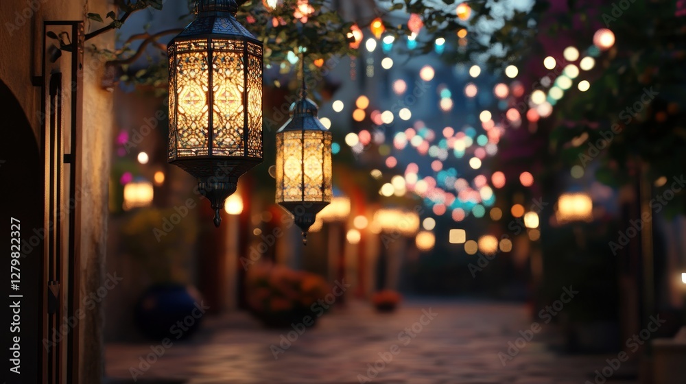 Fototapeta premium Ornate lanterns illuminate a picturesque alleyway at night, with festive lighting.