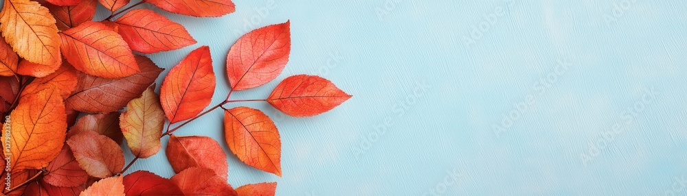 Fototapeta premium Vibrant Autumn Leaves on a Soft Blue Background Celebrating Seasonal Beauty and Nature's Colors