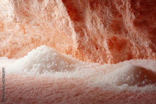 Pink salt rock with piles of white salt crystals
