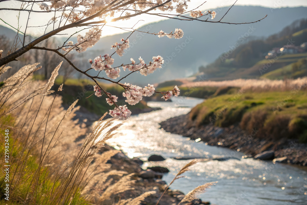 Fototapeta premium Blossoming cherry tree branches over serene river landscape at sunset