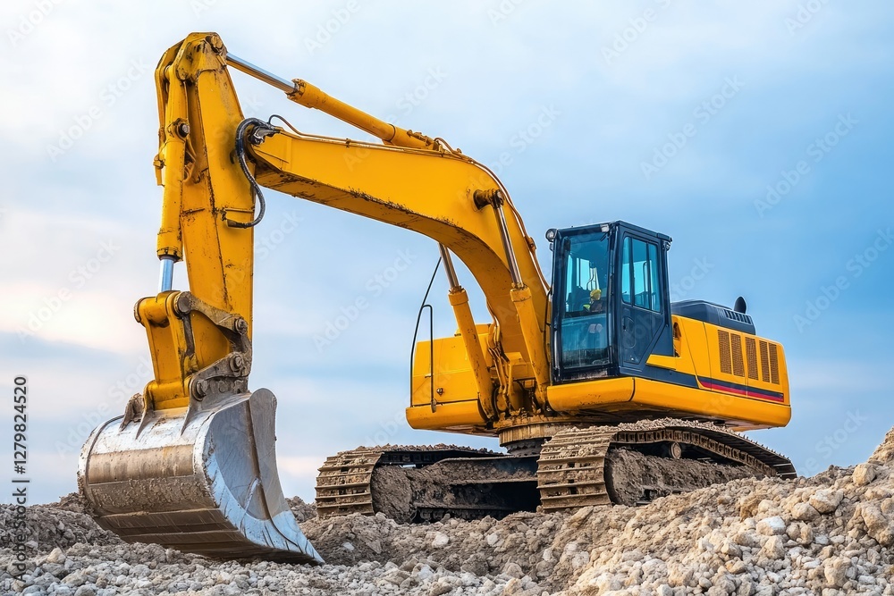 High Definition View of a Yellow Excavator is on a Construction Site High Definition View of a Yellow Excavator is on a Construction Site