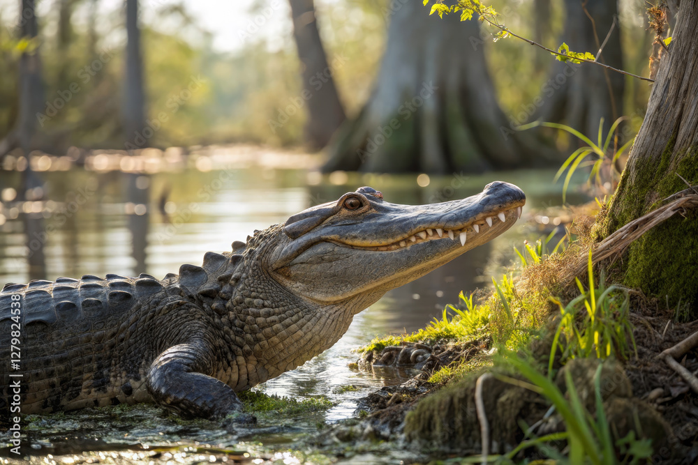 Fototapeta premium close up of alligator serene wetland environment, showcasing its powerful jaws and textured skin
