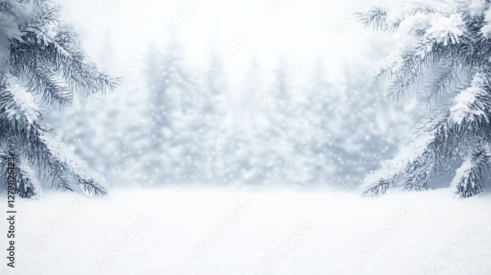 Fototapeta premium Snow covered fir branches create a natural frame around a blurred winter forest scene, evoking tranquility and the magic of a snowy wonderland