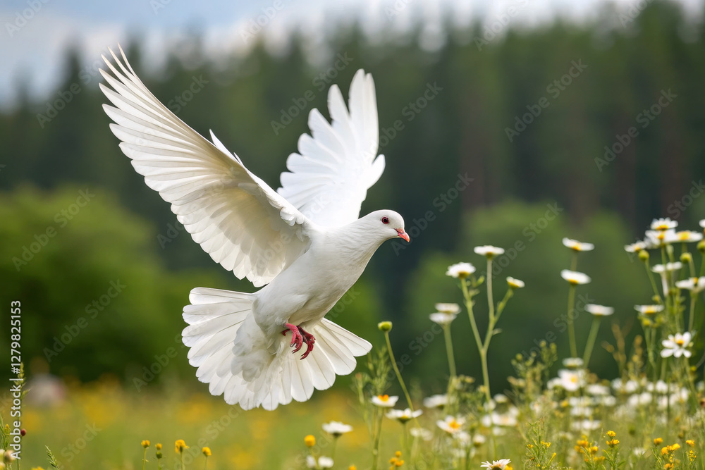 Obraz premium white dove flying gracefully over field of flowers