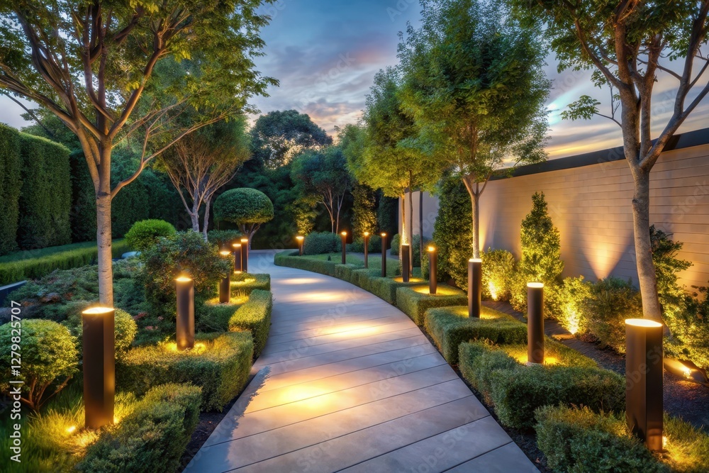 Fototapeta premium Serene Evening Pathway Illumination in a Lush Garden Landscape Featuring Ornamental Shrubs and Trees with Soft Lighting Accents