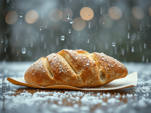 an image of a loaf of bread sitting on a napkin in the rain, there is a loaf of bread on a napkin on a table photo