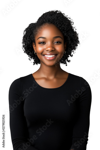 Portrait of a young, smiling, teen African American female intern or executive with short curly hair wearing a black top, isolated on a transparent background, cut out