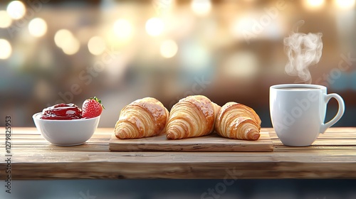 Fresh Croissants, Coffee, and Jam on Wooden Table
