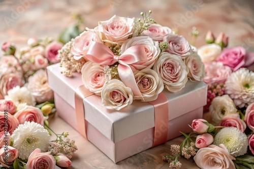 Elegant gift box adorned with a delicate arrangement of pastel roses and other blossoms, perfect for a special occasion