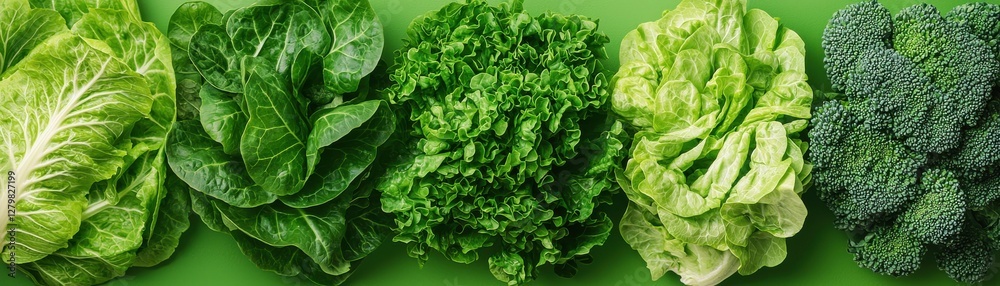 Fototapeta premium Fresh Green Leafy Vegetables in a Row on a Bright Green Background for Healthy Eating and Nutrition Concepts