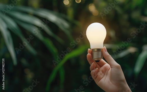 Hand holding a light bulb against a green nature background, symbolizing energy-saving and sustainable development. Minimalist, eco-friendly technology concept.